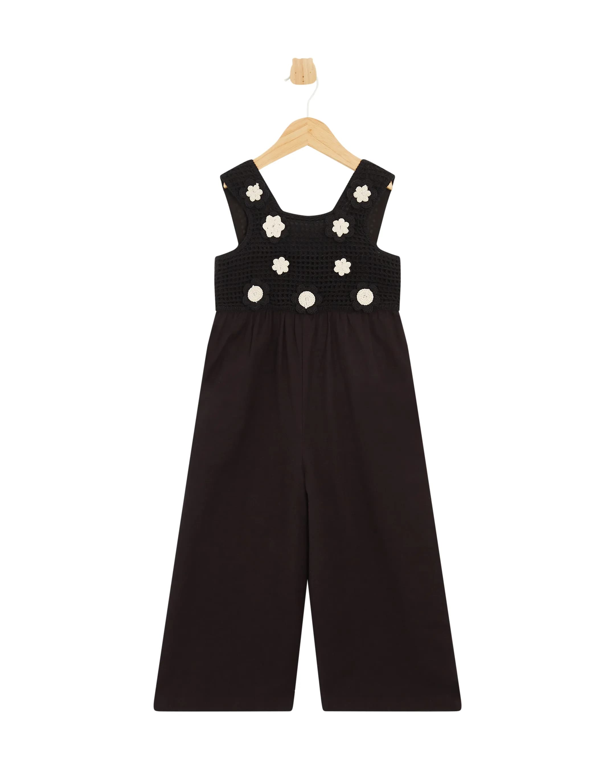 Black Sleeveless Jumpsuit With Flower Embroidery For Toddler Girls