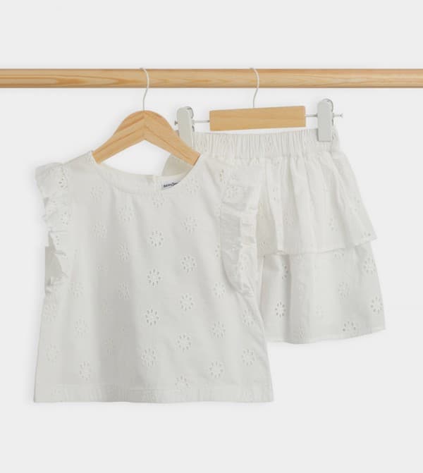 White Sleeveless Schiffly Top And Skirt Set For Toddler Girls