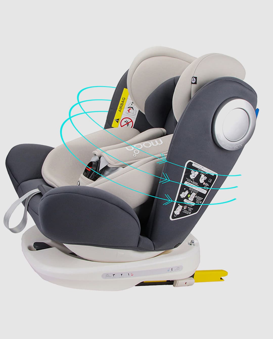 Moon Gyro Car Seat – 360° Rotating Booster Seat For Kids/Infants/Toddlers - Baby Travel Gear (Group 0-1-2-3) - Rear & Forward Convertible W/Isofix - 0M To 12Yr (Up To 36Kg) – Grey